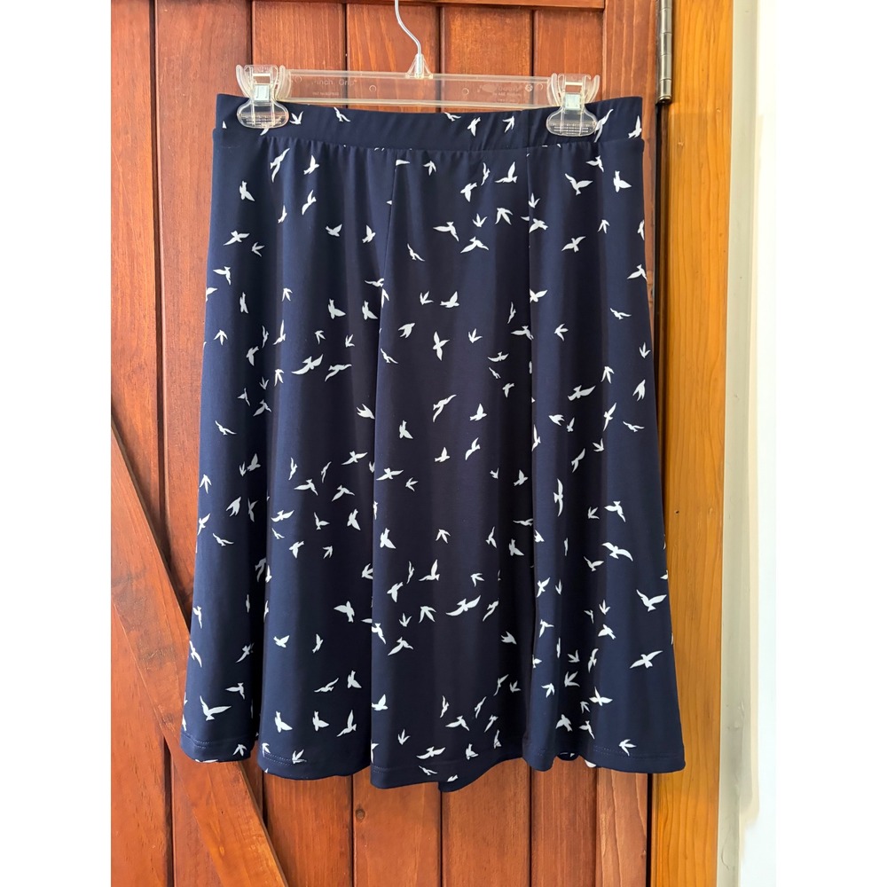 Gilli Womens Navy Blue White Bird Print A-Line Skirt Elastic Waist Knee Length